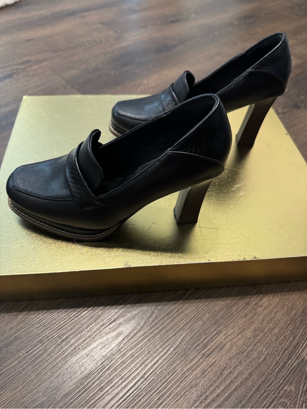 Black Faux Leather High-Heel Penny Loafers - Women's Classic Pump